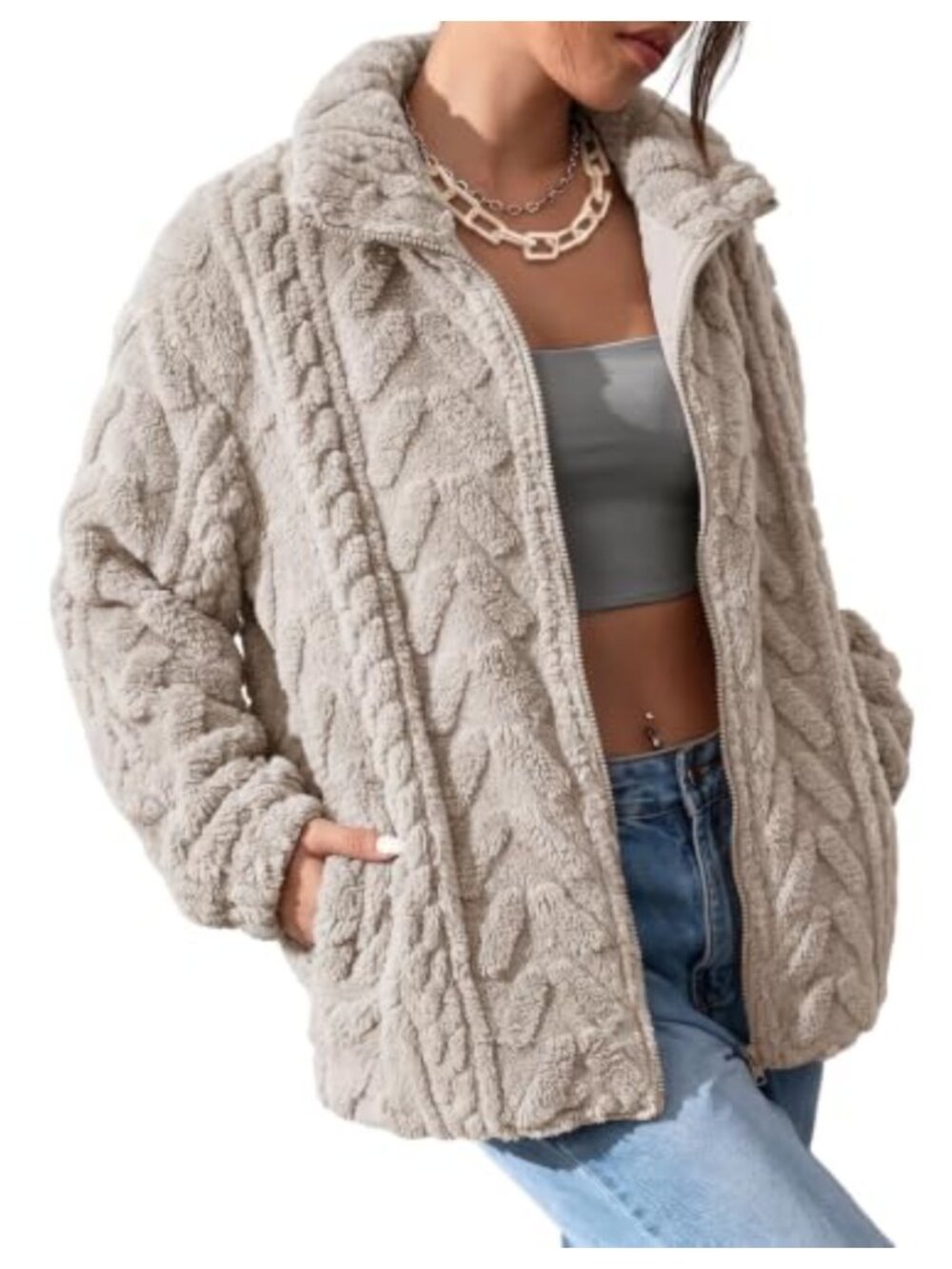 Dokotoo Women's Fleece Jacket Zip-Up Long Sleeve Stand Collar Pockets Casual